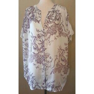 7 for all mankind Blouse Sz L White Purple Floral Butterfly Print $198 NWT